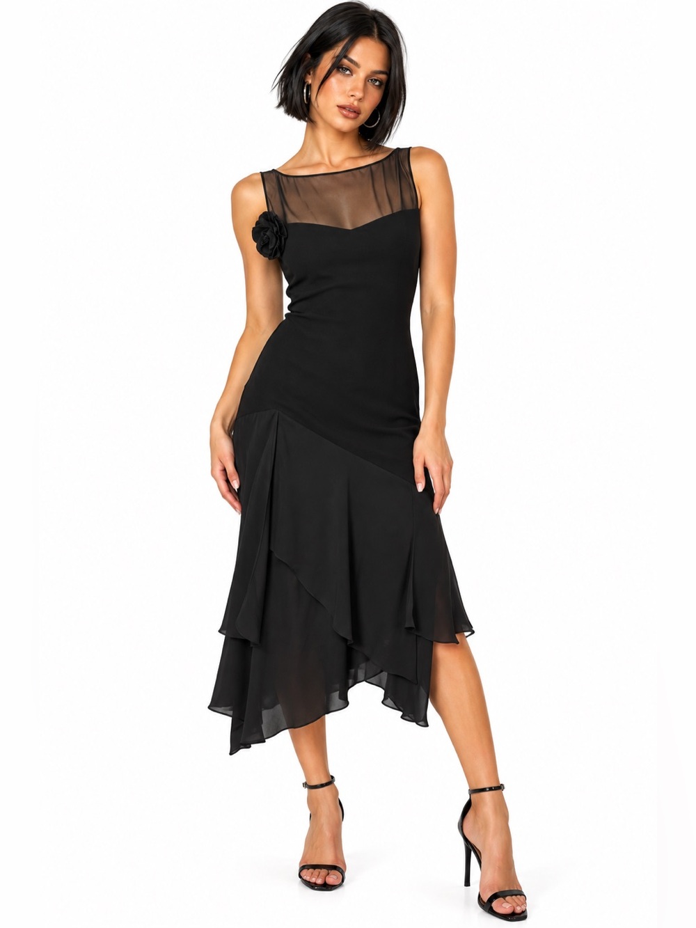 Evan Picone Black Sheer Yoke Midi Floral Accent Dress size 6